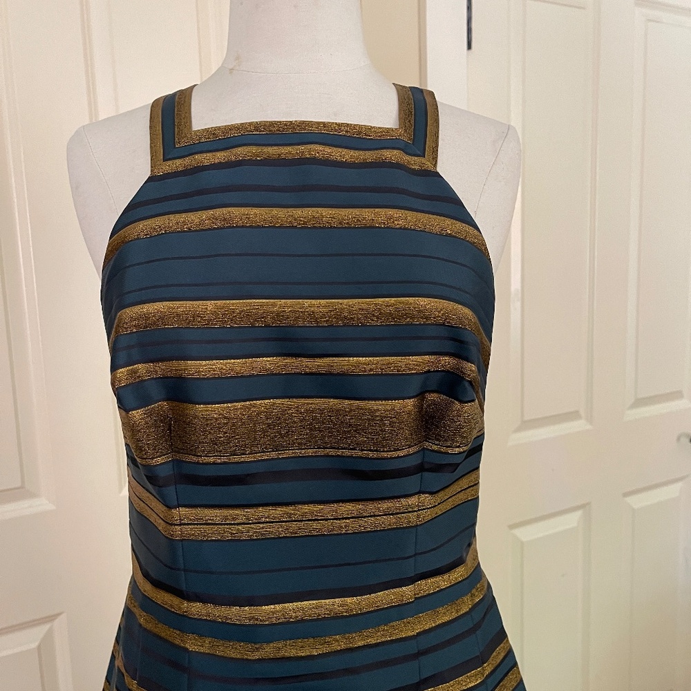 Kay Unger Navy and Gold Striped Halter Wedding Guest Gown - Picture 5 of 15